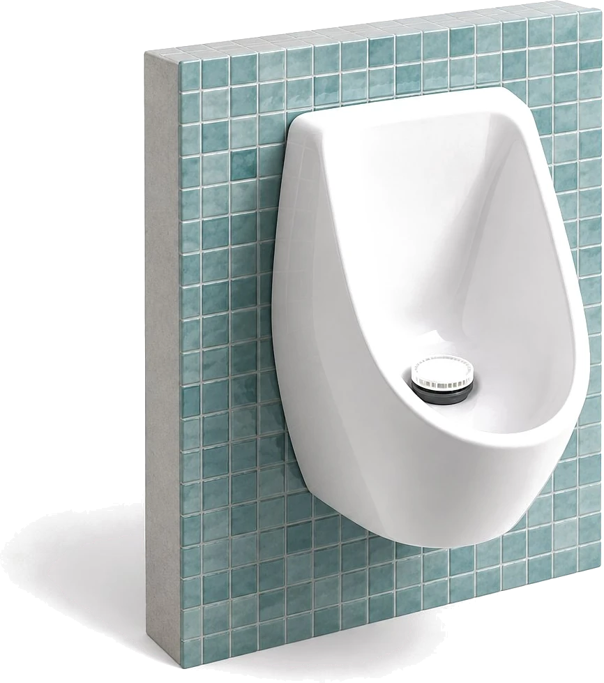 3D concept model of a waterless urinal mounted on a tiled wall.