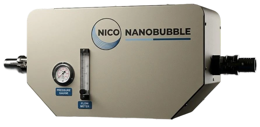 The NICO nanobubble generator, with its pressure gauge, flow meter and inlet and outlet couplings.
