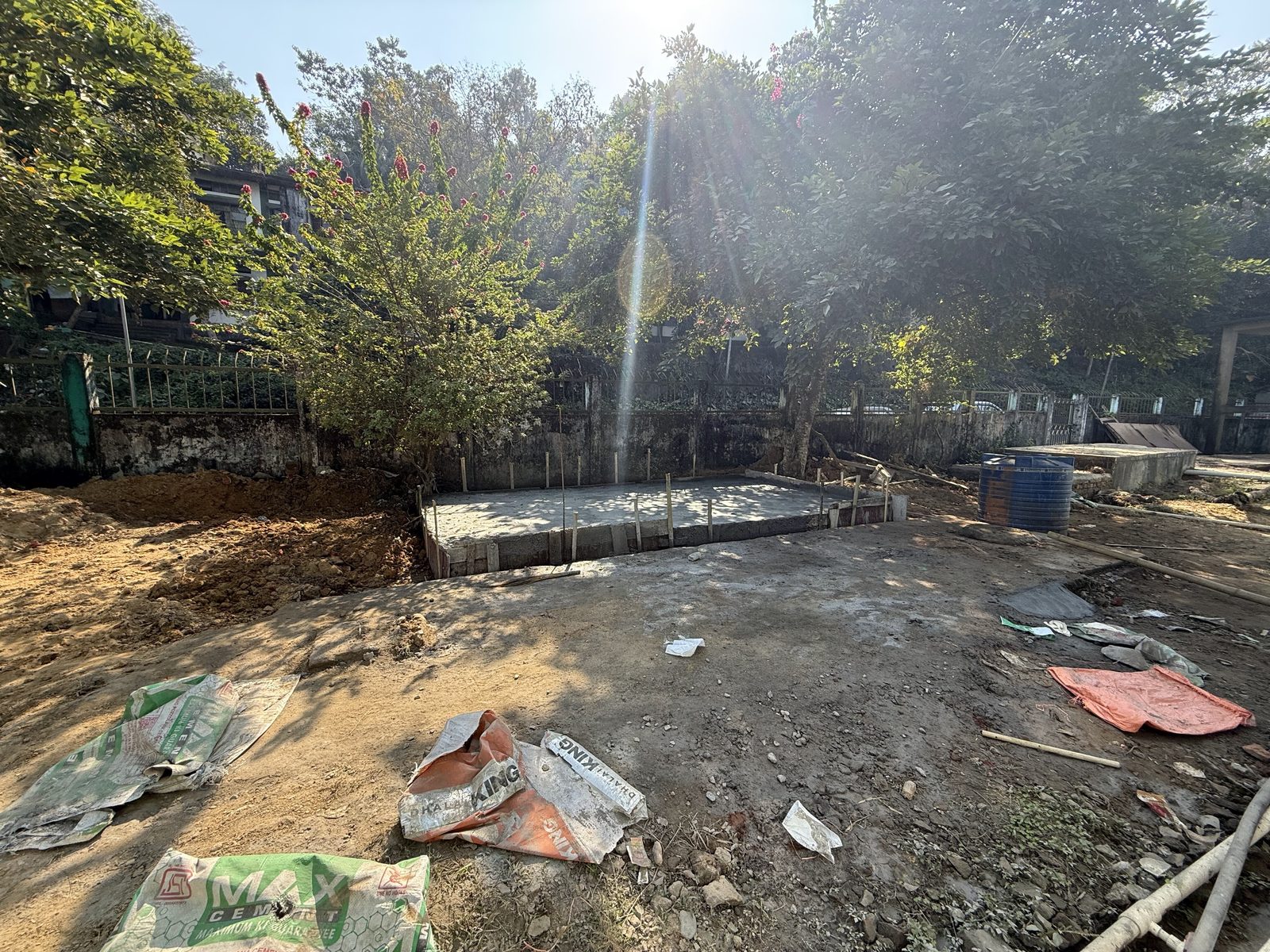 The concrete base slab prepared for the tank.